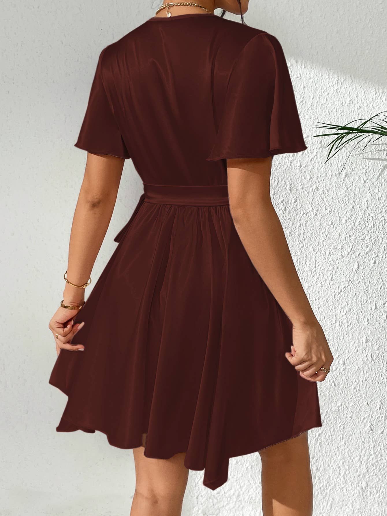 Satin V-neck solid color mid-length dress