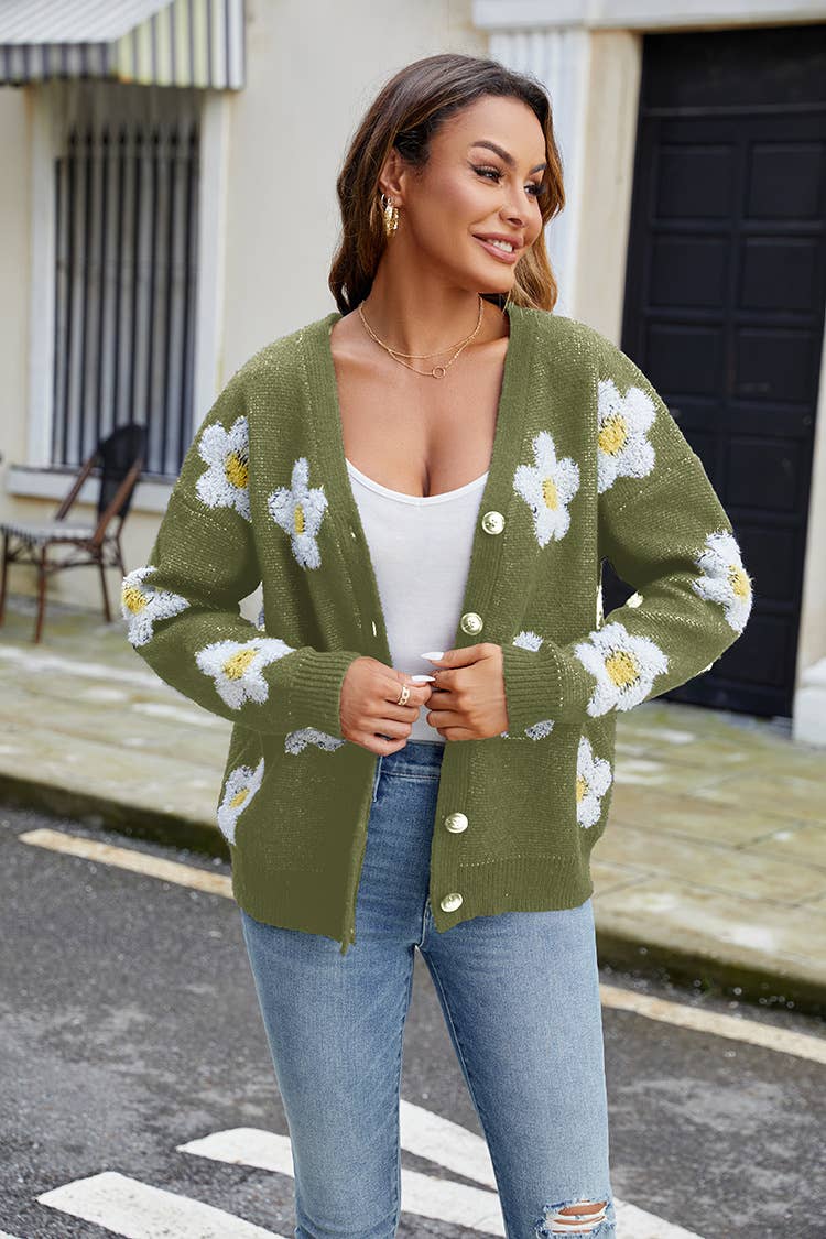 THREE-DIMENSIONAL FLOWER V-NECK CARDIGAN