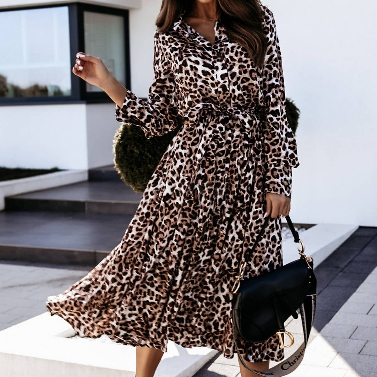 Leopard print belted shirt dress with lapel