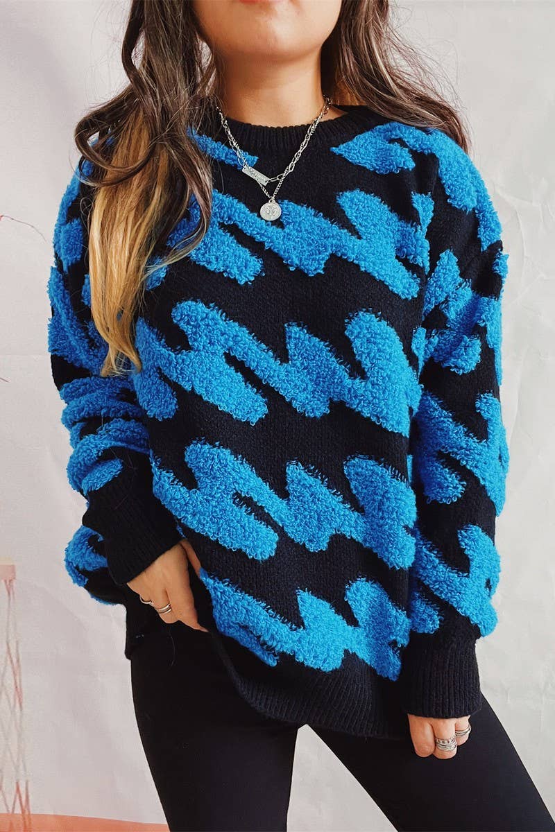 Long sleeve knit sweater with wavy stripes flocking