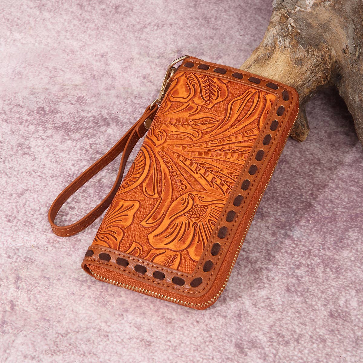 LEATHER CARVED EMBOSSED BOHEMIAN CLUTCH WALLET_CWAB2592