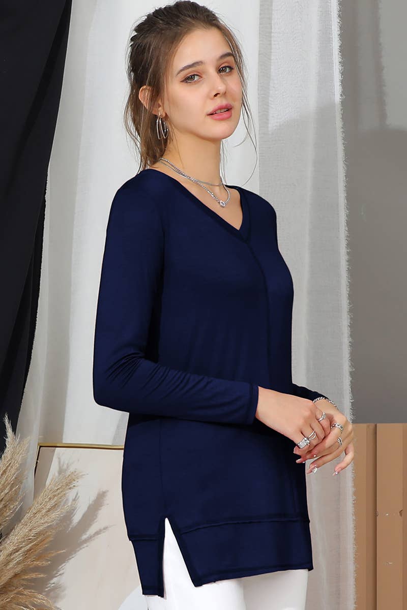 SOLID V NECK LONG SLEEVED SHIRT_CWTTL1434