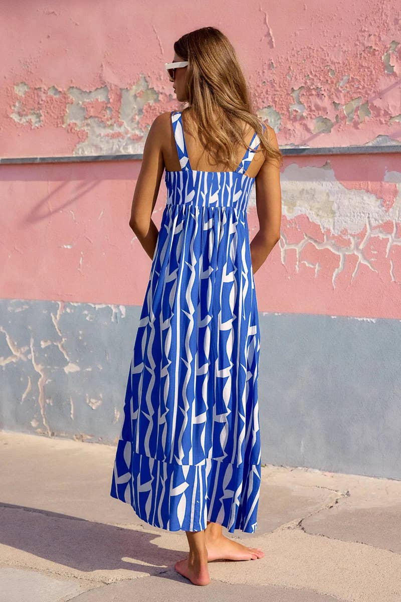 Holiday style French halter print long dress