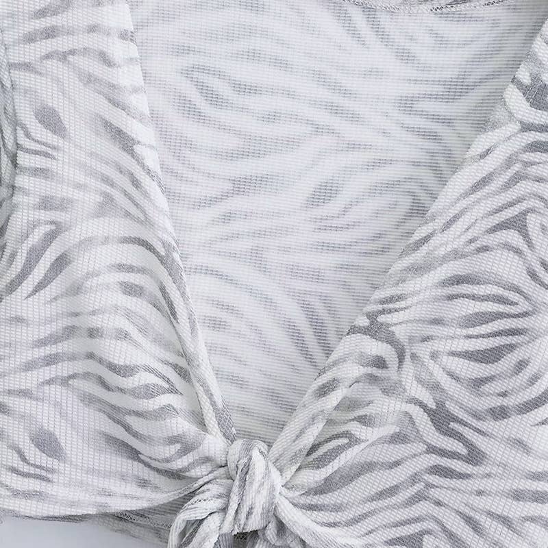 Sexy Zebra Print V-Neck Tie Front Open Cardigan