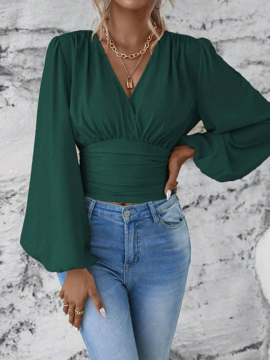 WAISTBAND V-NECK SLEEVED RUFFLED LONG-SLEEVED TOP