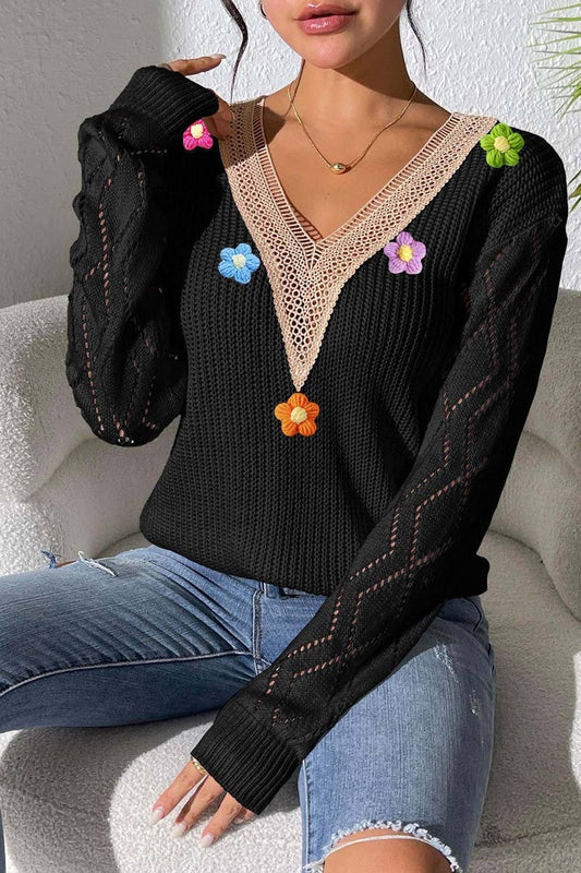 CWOSWL07385_WOMEN LACE V NECK COLOR BLOCK KNIT TOP