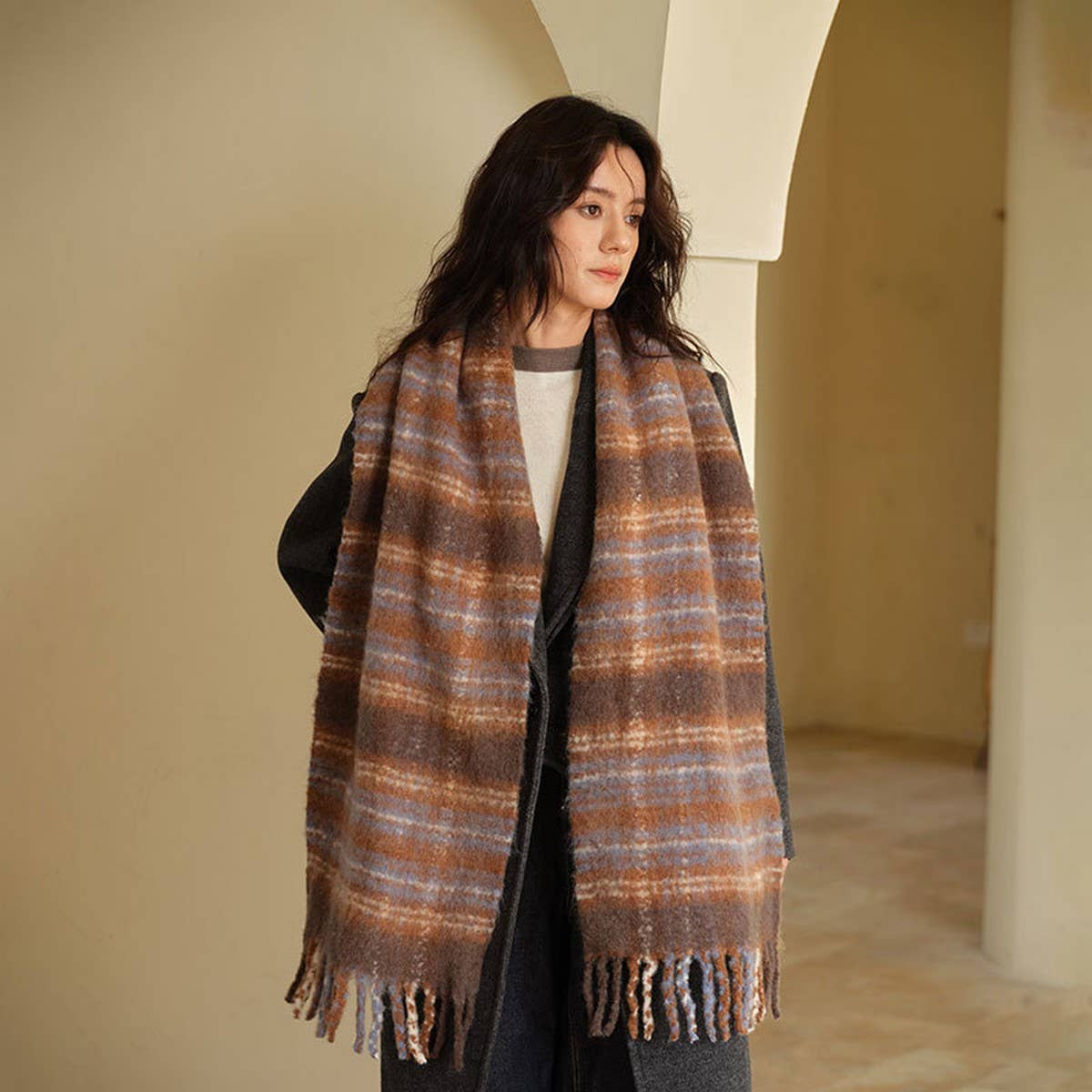 High-Quality Wool Blend Plaid Scarf for Women