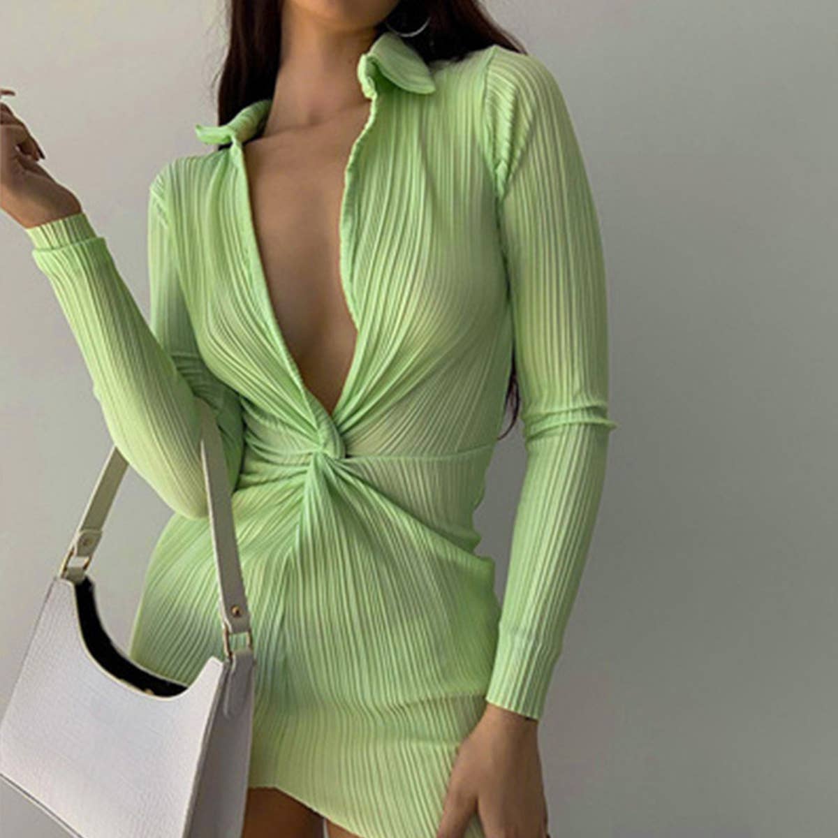 Pleated patchwork low-cut polo neck dress