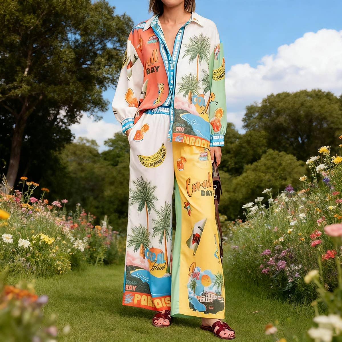 Linen print vacation and casual rope set