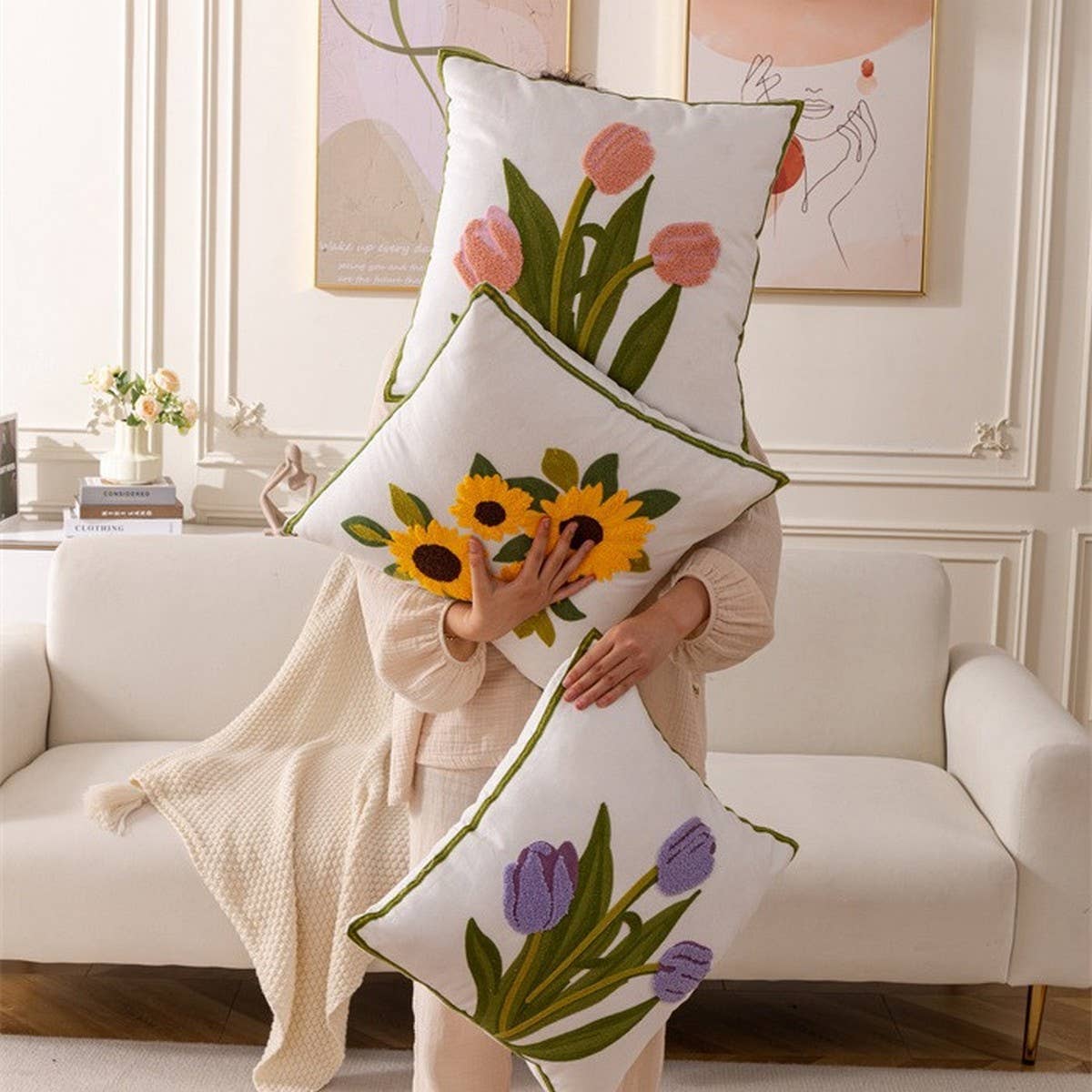 DAISY FLORAL TUFTED PILLOW COVER COTTAGE CHIC DECOR_CWMM7686