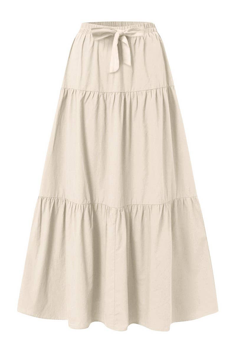 CWBLS0559_BOW WAIST TIERED SOLID MIDI SKIRT