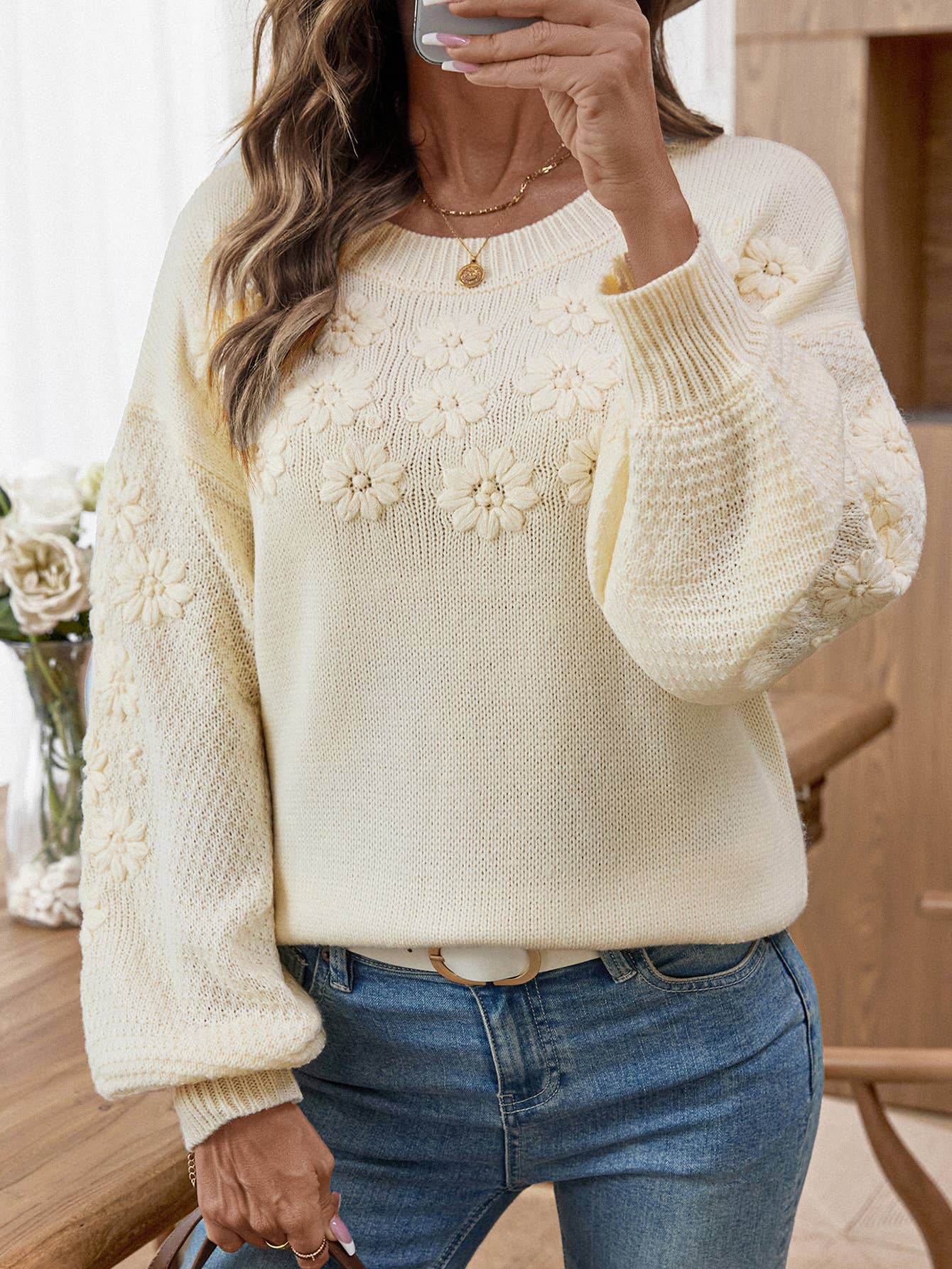 Three-dimensional Daisy heavy embroidery sweater