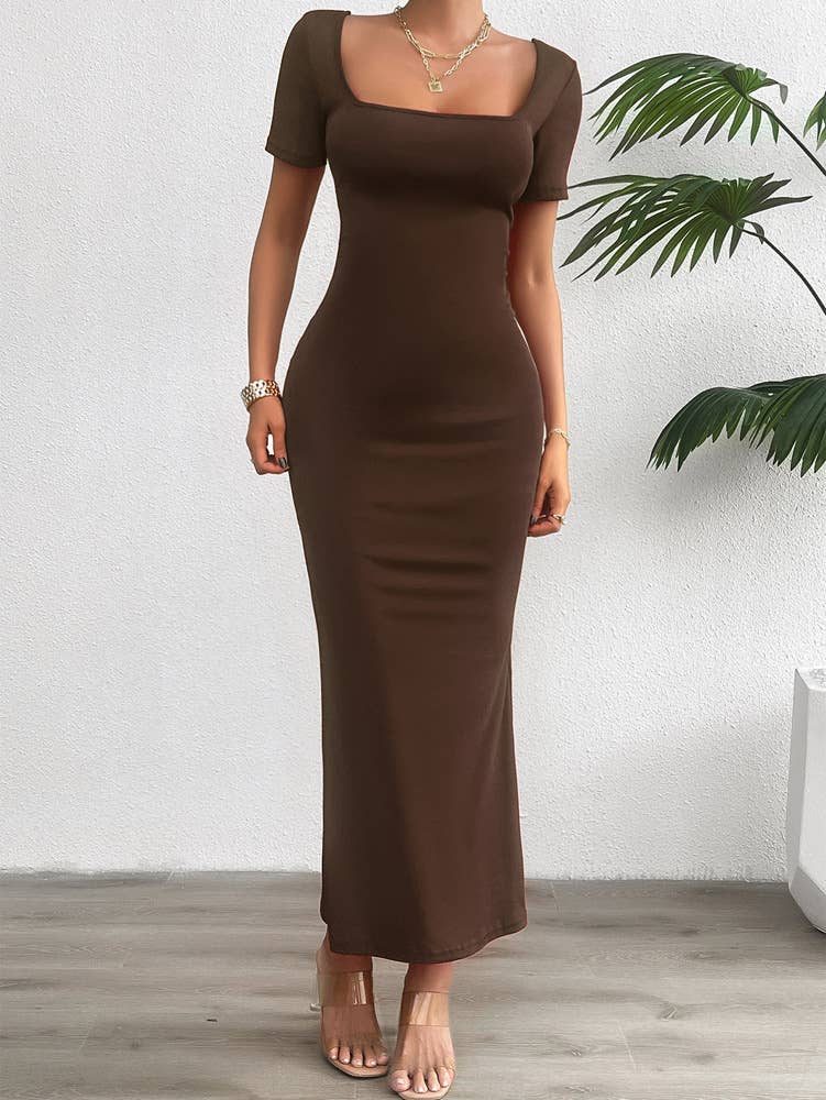 Solid color slim fit square neck bodycon dress