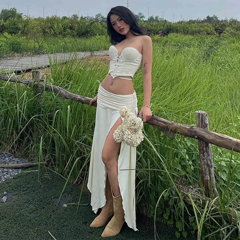 Ruched tube top and low waist slit skirt set