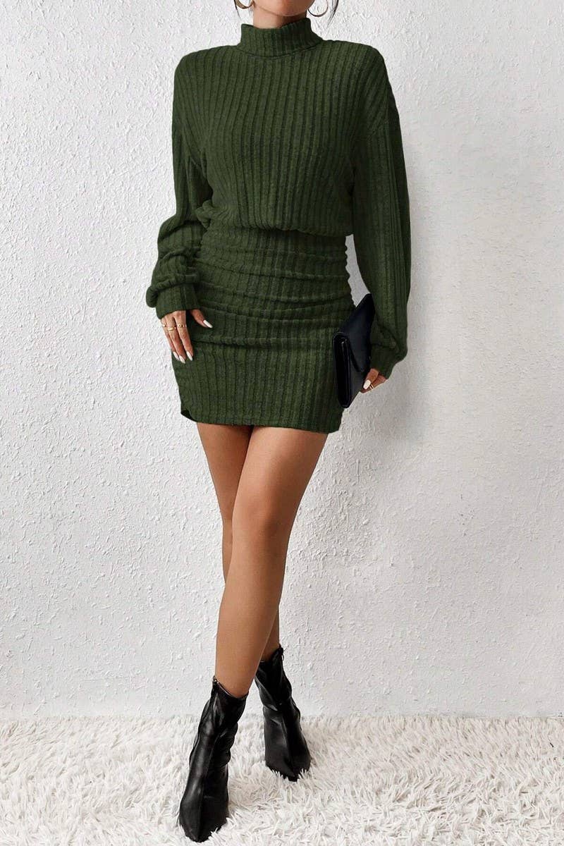 CWDSD6470_SOLID COLOR HIGH COLLAR HIP WRAP KNIT DRESS