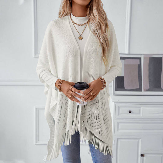 Solid colour hollow knit tassel cape cape