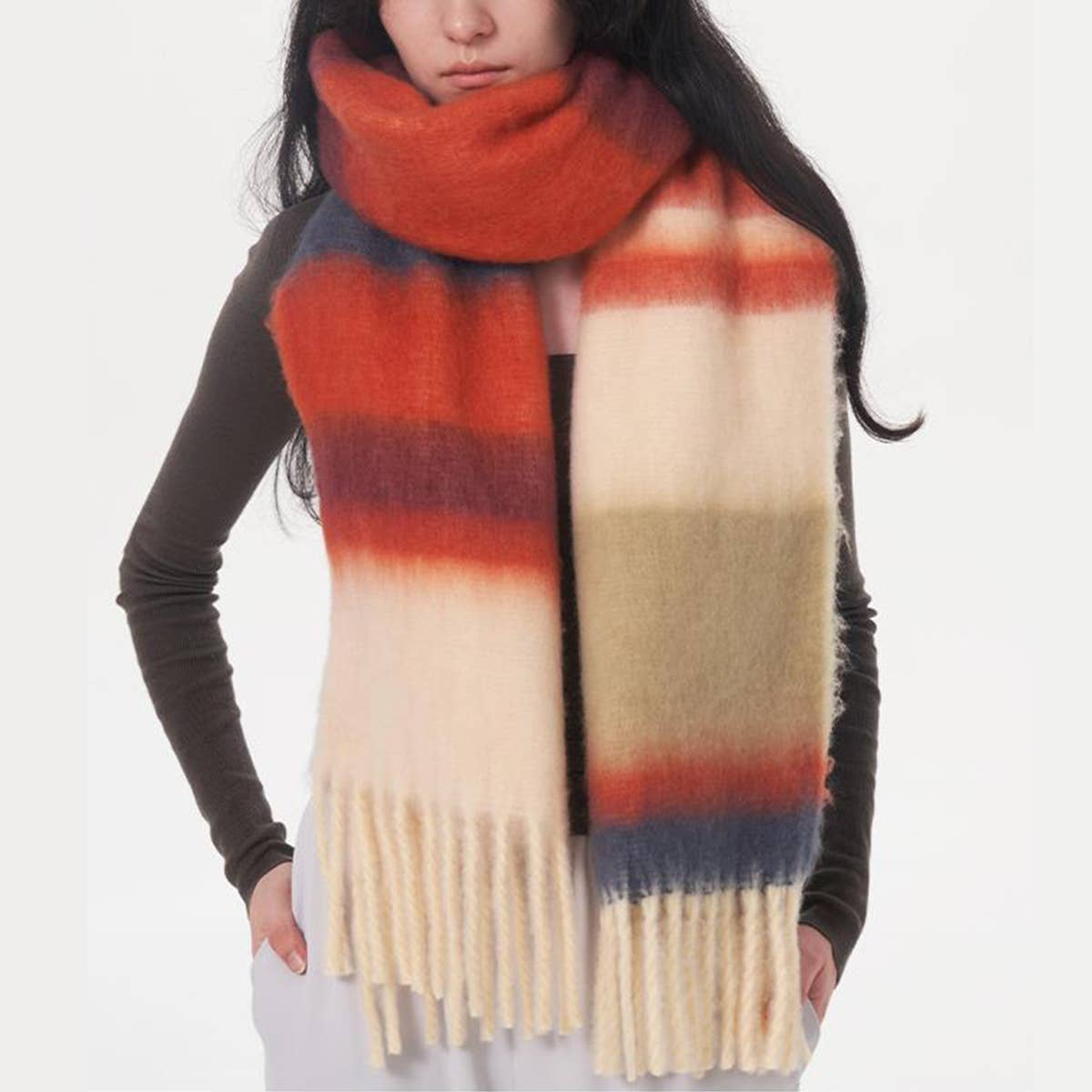 WOMEN CONTRASTING STRIPED FRINGED PLAID SCARF