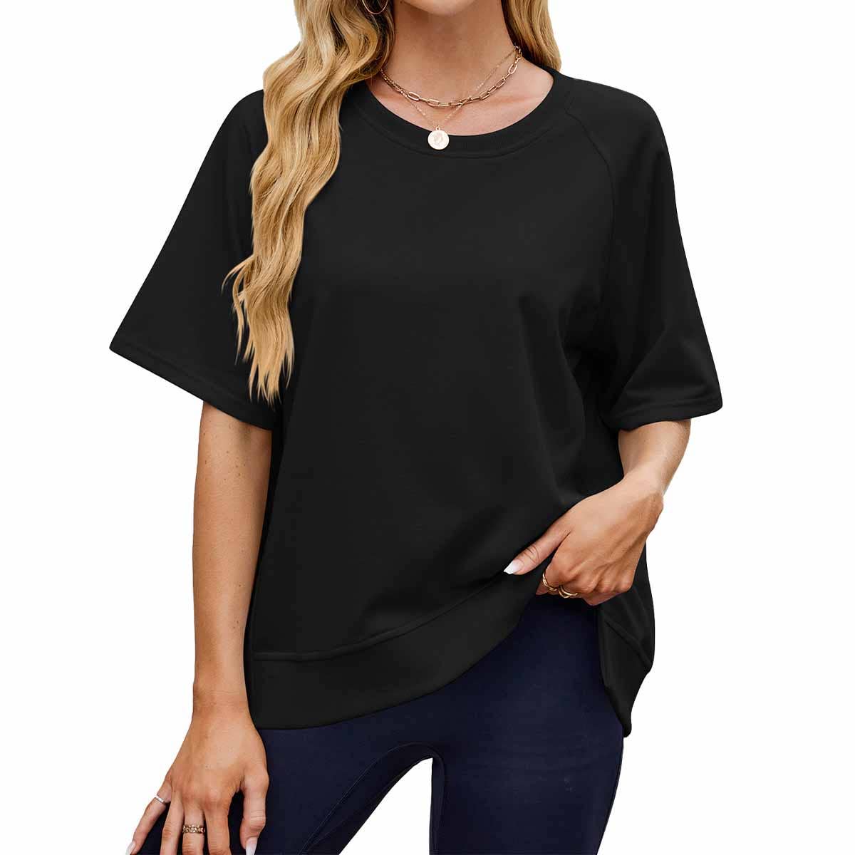 Solid color screw-neck loose short-sleeved hoodie