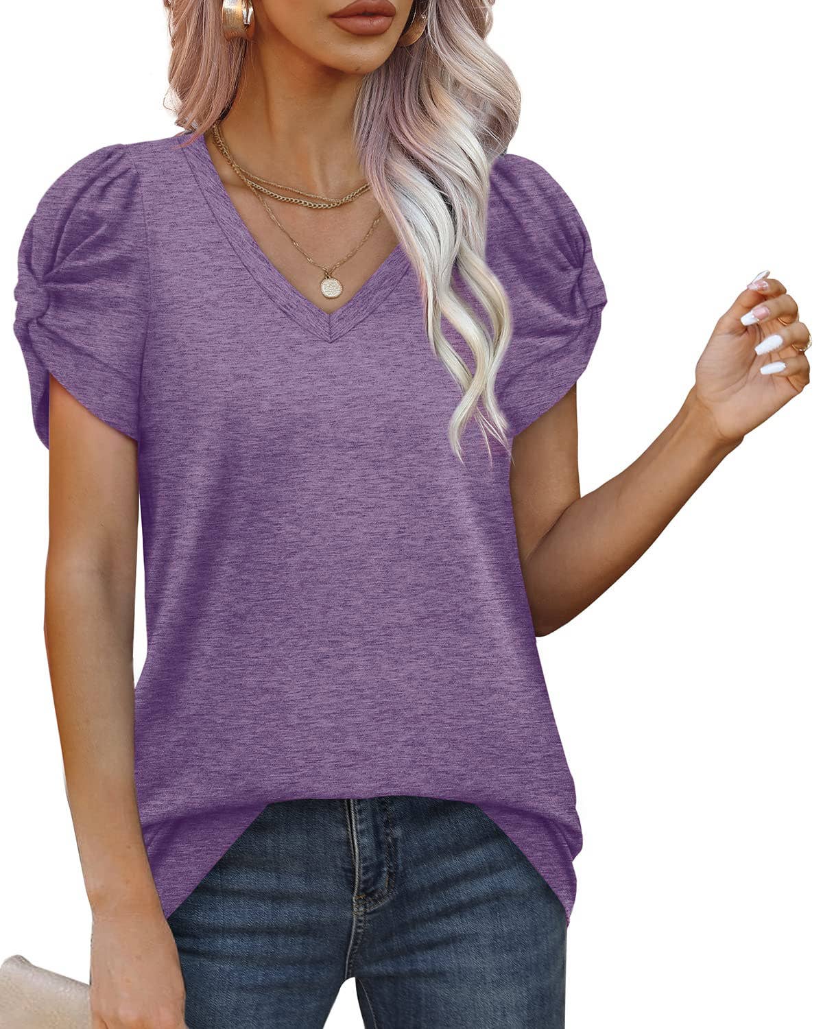 Solid color knotted V-neck short-sleeved blouse