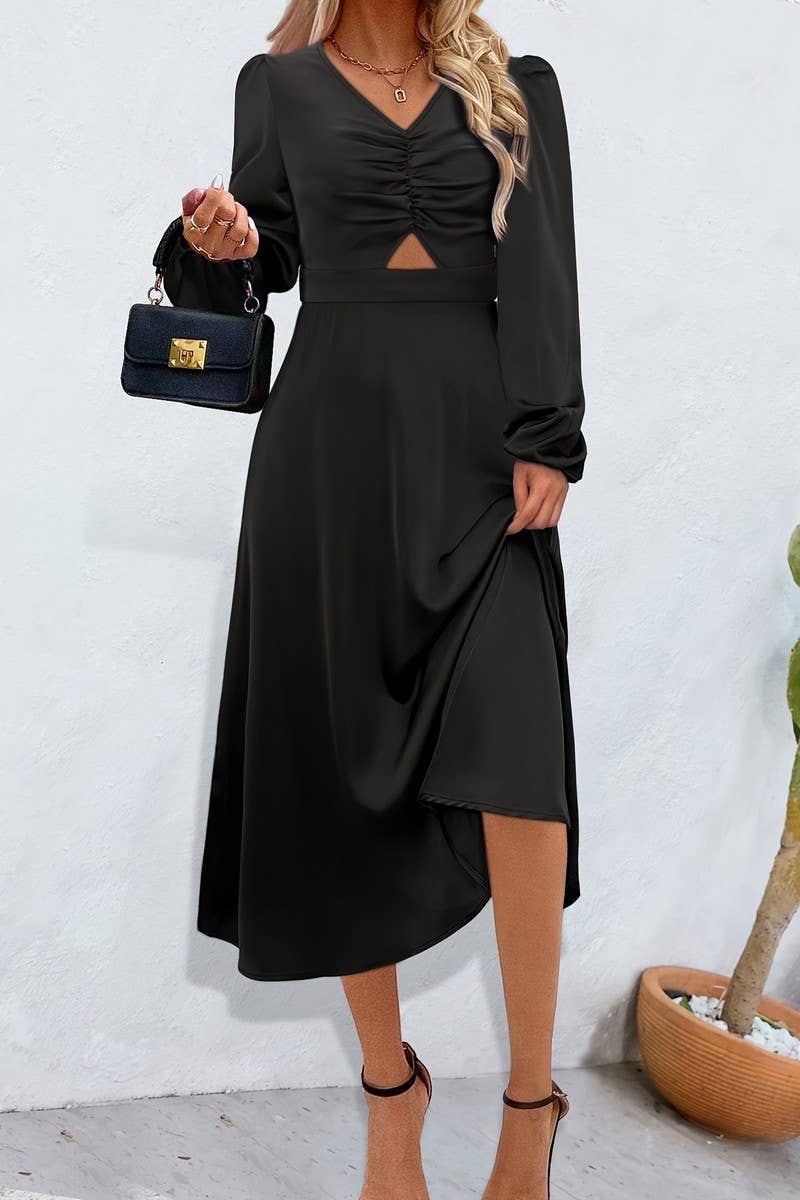 CWDMD5065_V-NECK ELEGANT COMMUTER FASHION RIPPED DRESS