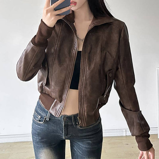 VINTAGE LOOSE JACKET JACKET ZIPPER LEATHER WAIST