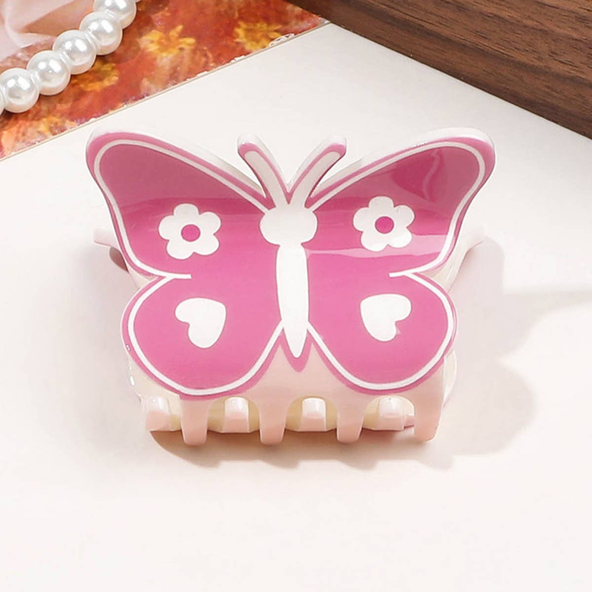 Floral Butterfly Hair Claw - Cream Print Clip