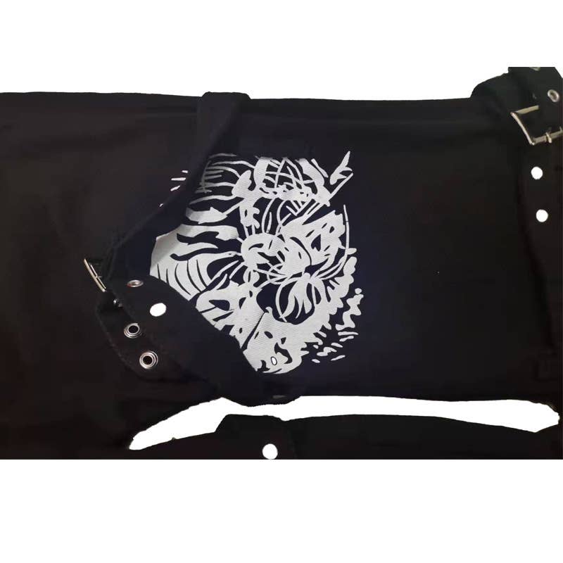 Printed metal buckle drape denim trousers