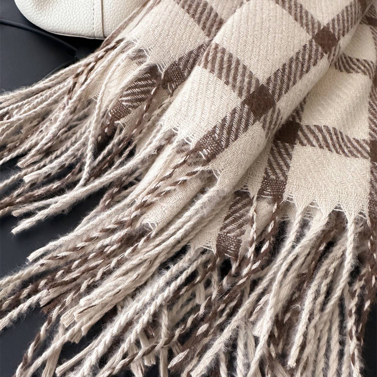 Warm Plaid Wrap Scarf with Soft Fringe Trim