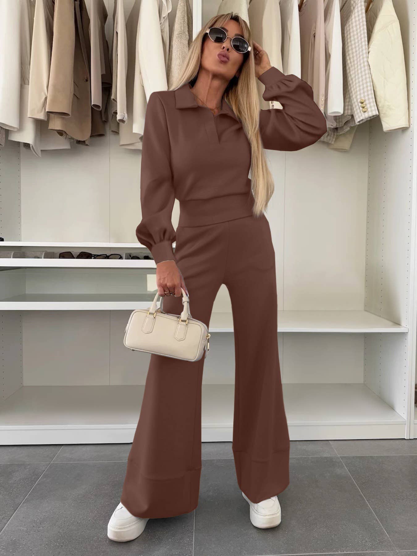 Lapel long-sleeved top elastic wide-leg pants set