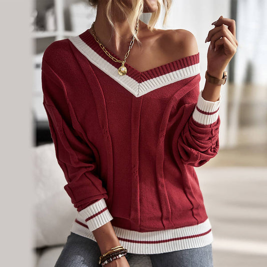 V-NECK COLOR CONTRAST PATCHWORK PULLOVER SWEATER