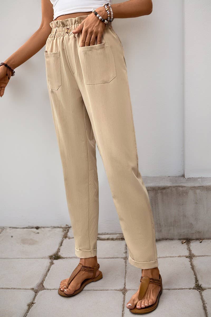 CWBLP00936_BEIGE ELASTIC WAIST POCKET STRAIGHT LEG PANTS