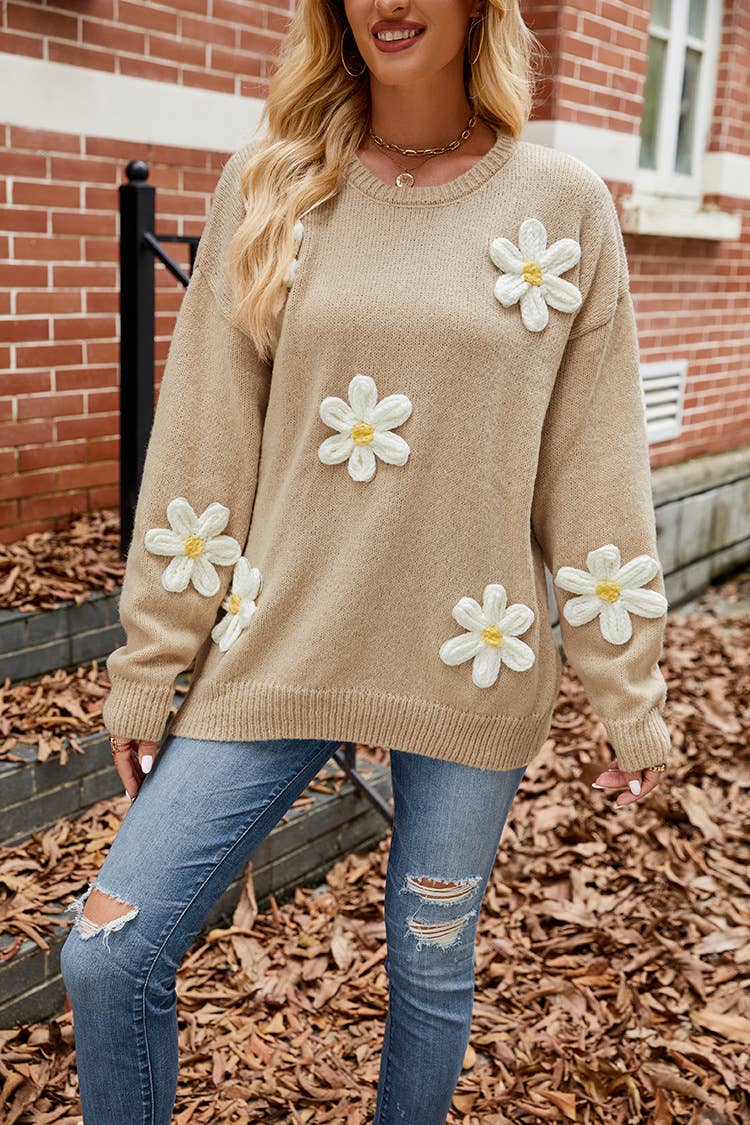SLOUCHY ROUND NECK FLOWER STEREO CROCHET SWEATER
