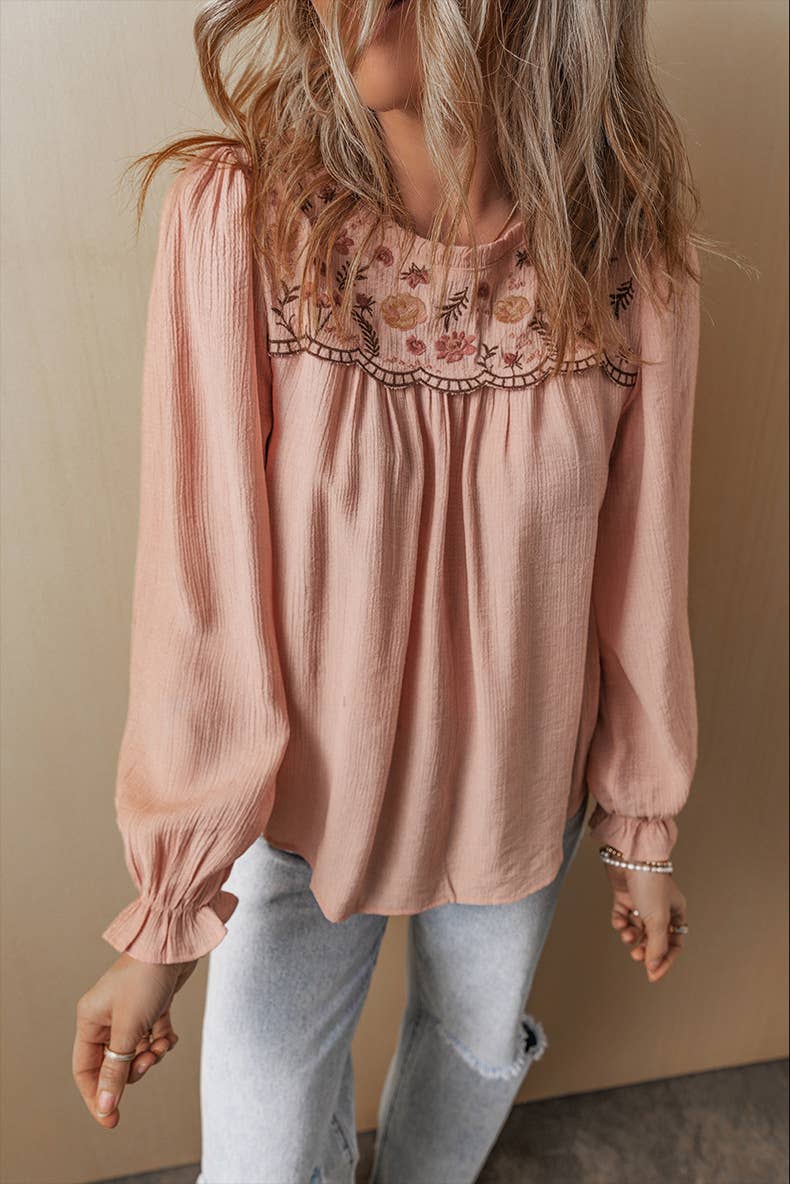 SWEET STYLE FLORAL EMBROIDERED ROUND NECK CHIFFON