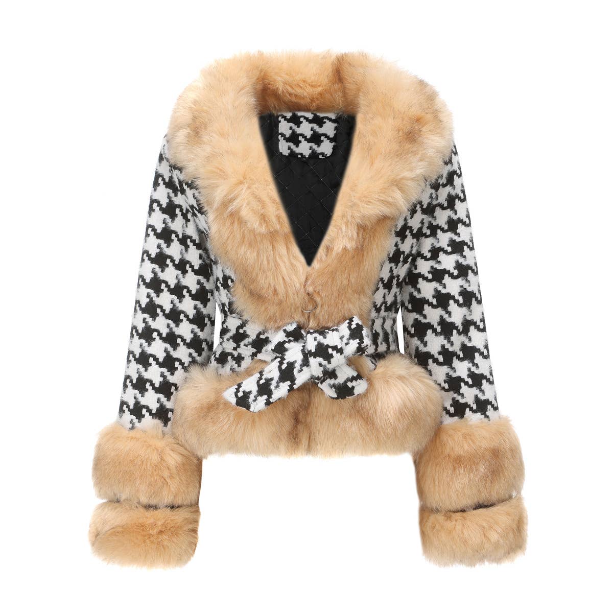 STYLISH PLAID COAT WITH FUR COLLAR