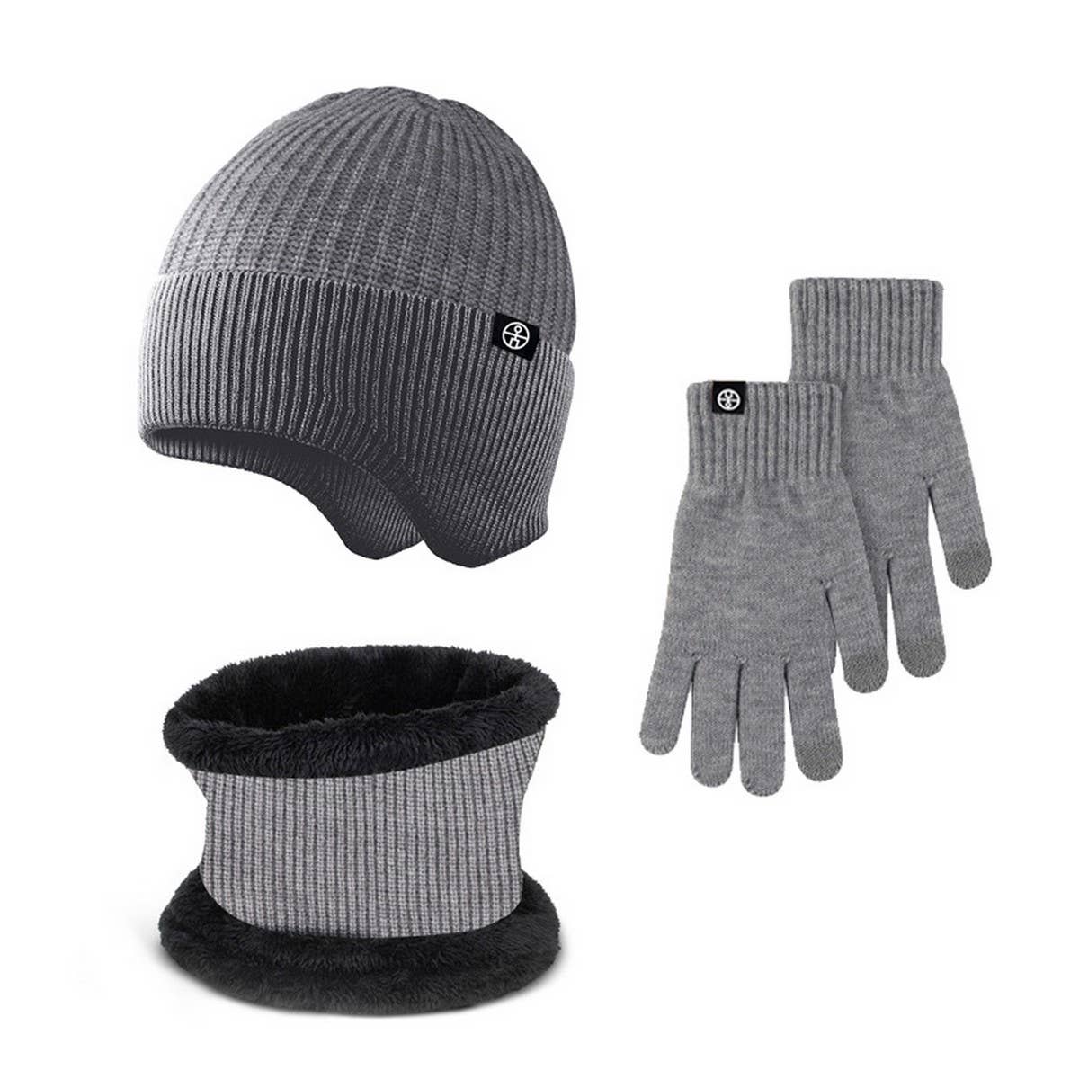 WINTER OUTDOOR FLEECE KNITTED HAT THREE PIECE SET