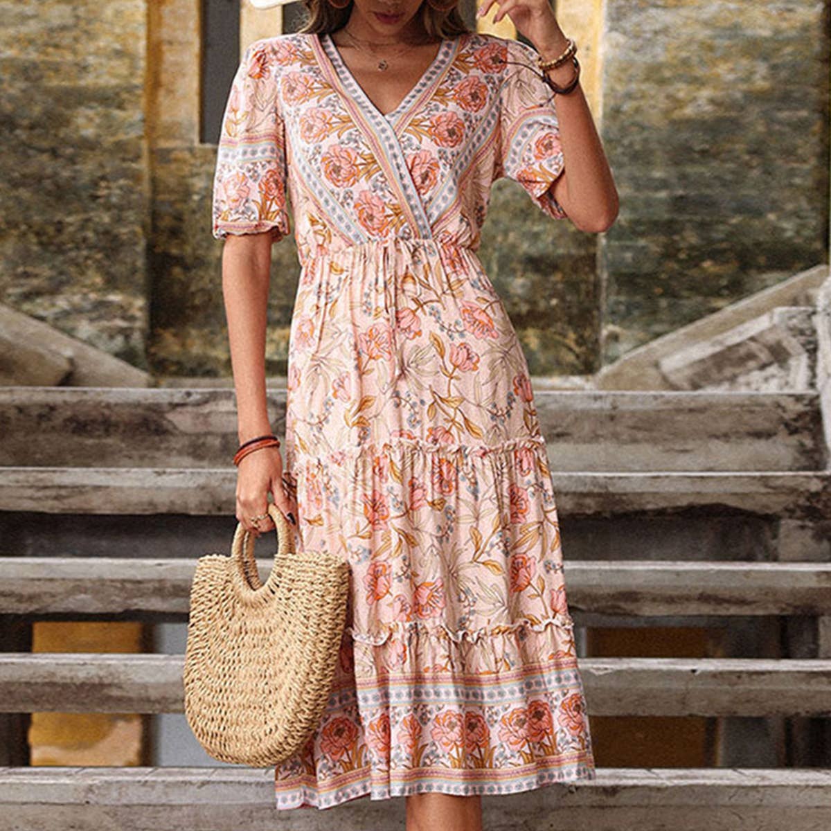 Mushroom edge printed V neck dress_CWDMD1507