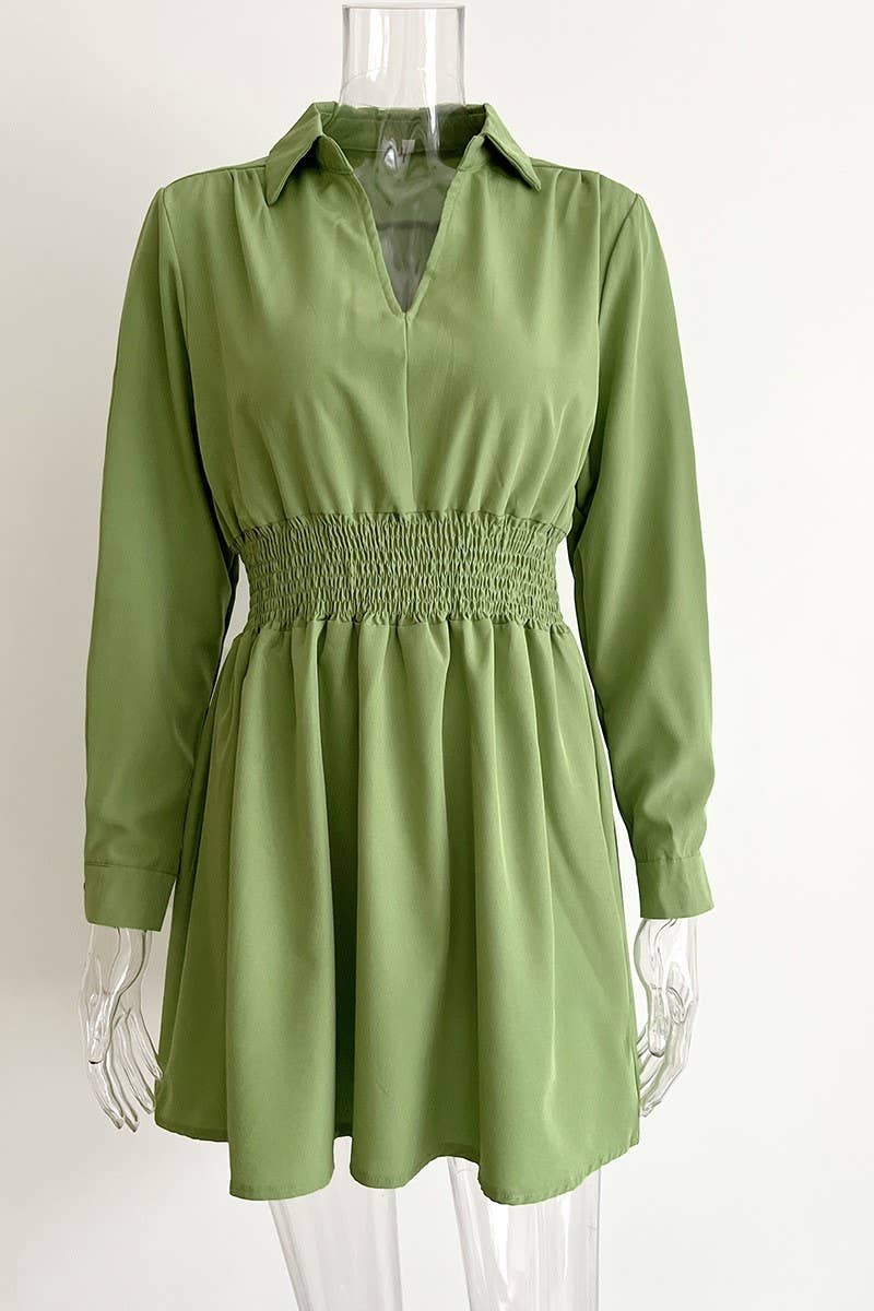 CWDSD5964_CABLE WAIST LONG SLEEVE SHIRT COLLAR DRESS