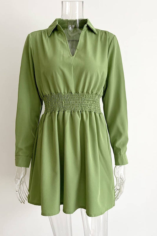 CWDSD5964_CABLE WAIST LONG SLEEVE SHIRT COLLAR DRESS