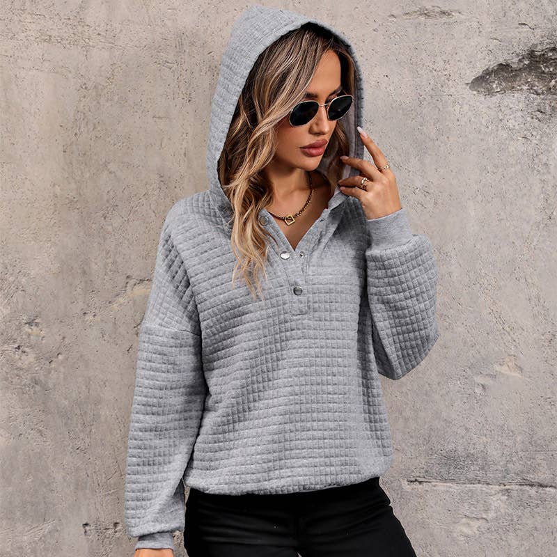 WAFFLE LONG SLEEVE SOLID COLOR LOOSE HOODIE