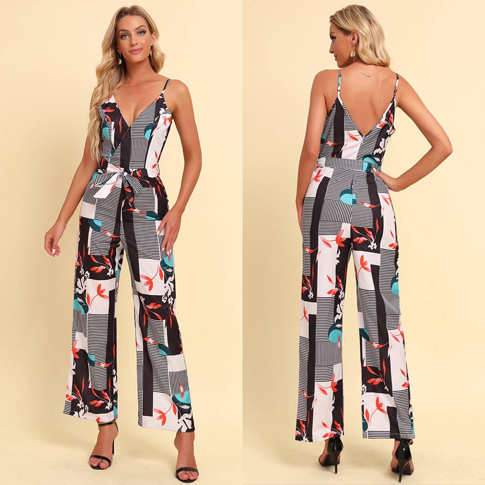 Printed backless V-neck spaghetti-strap jumpsuit