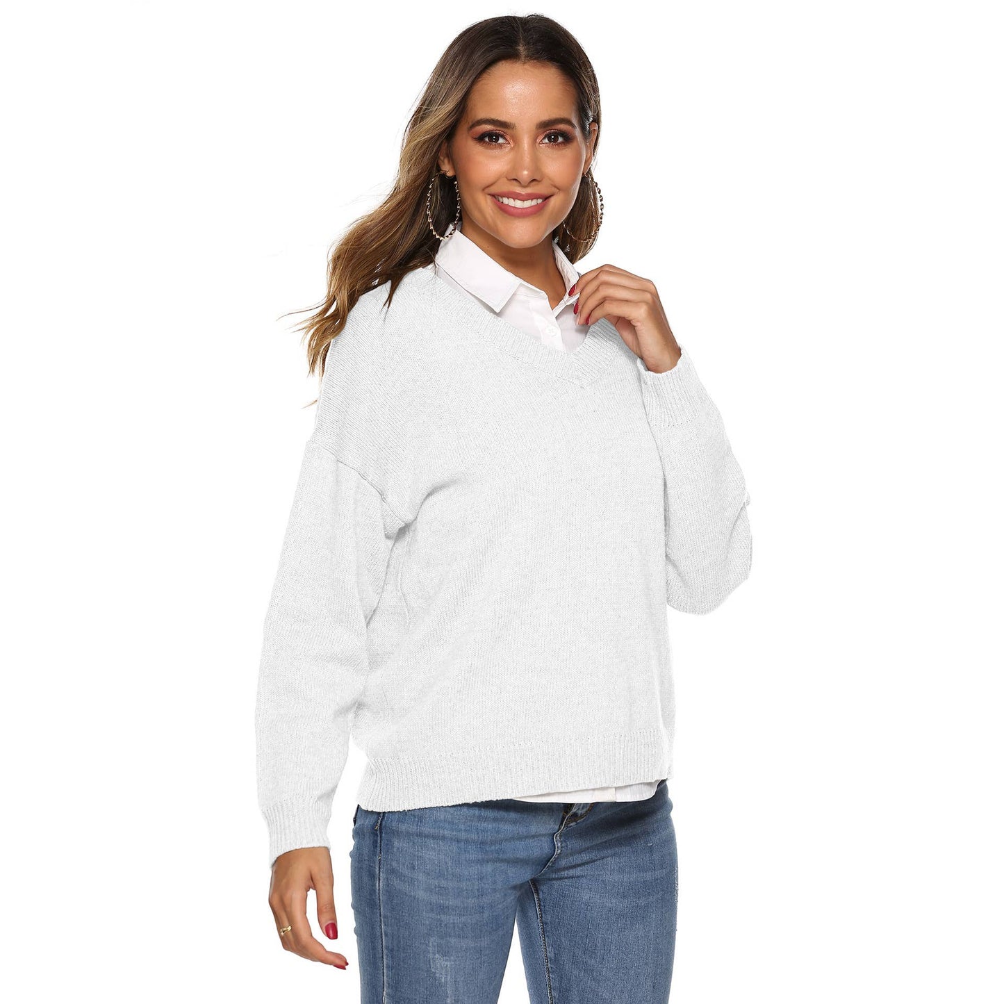 SIMPLE V-NECK PULLOVER SWEATER IN SOLID COLOR