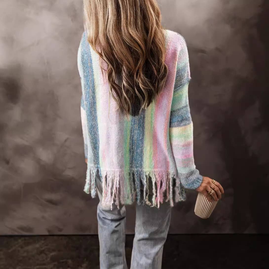 Stylish lady with fringe patchwork sweater