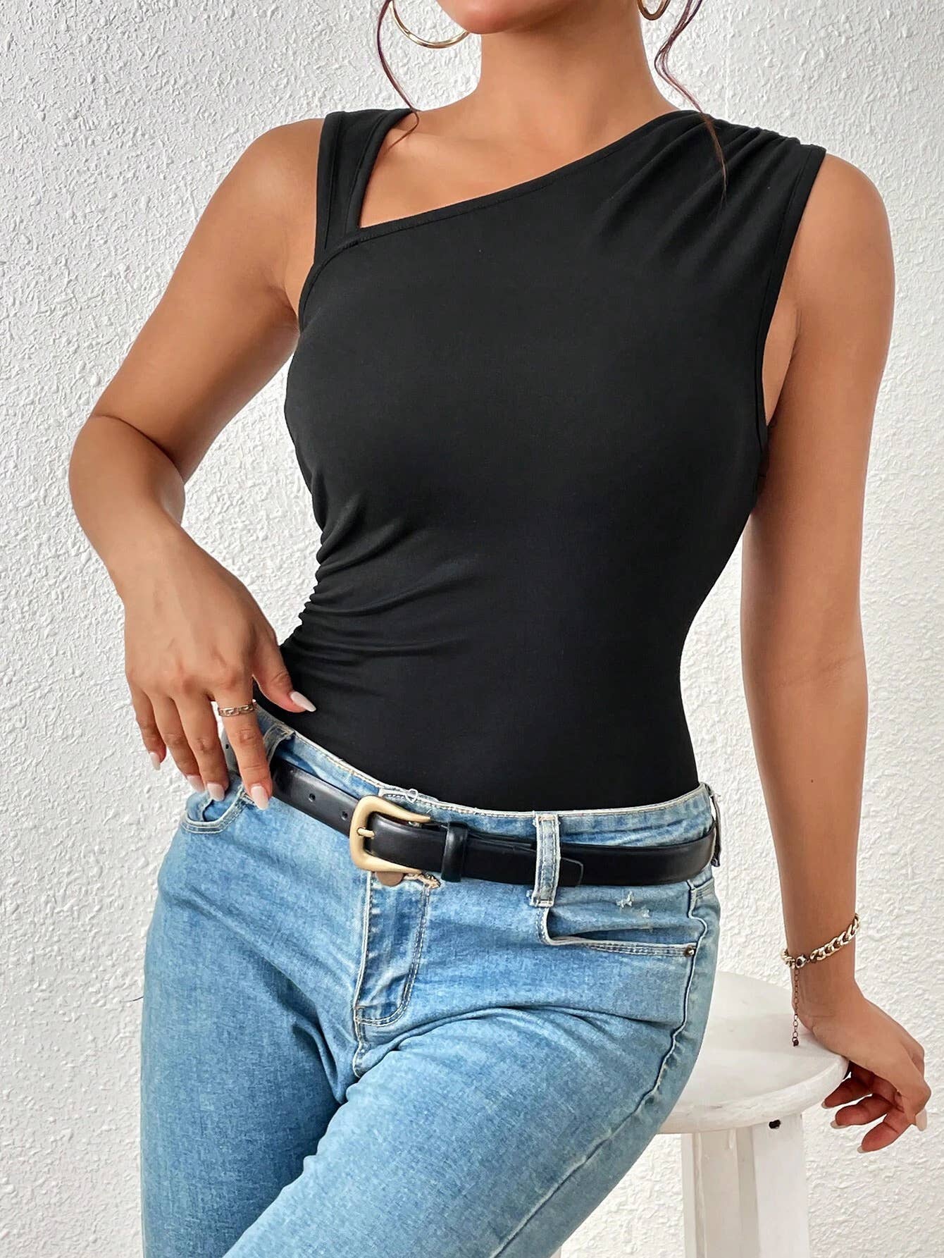 SLIM KNIT SLEEVELESS TOP WITH SLOPING SHOULDERS