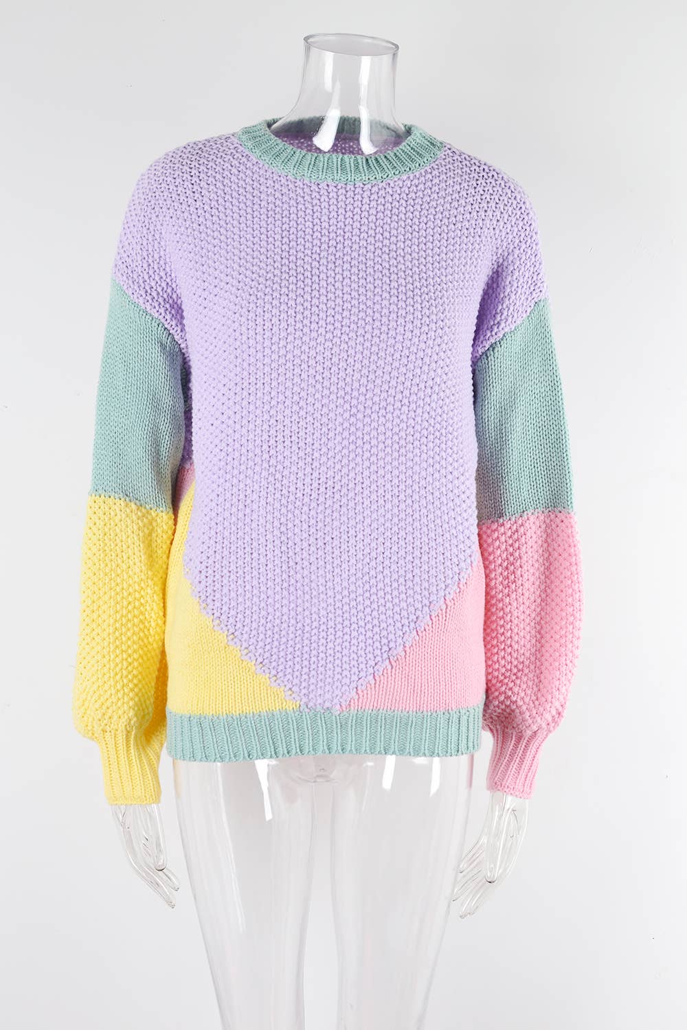 KNIT CREW NECK COLOR PATCHWORK PULLOVER SWEATER