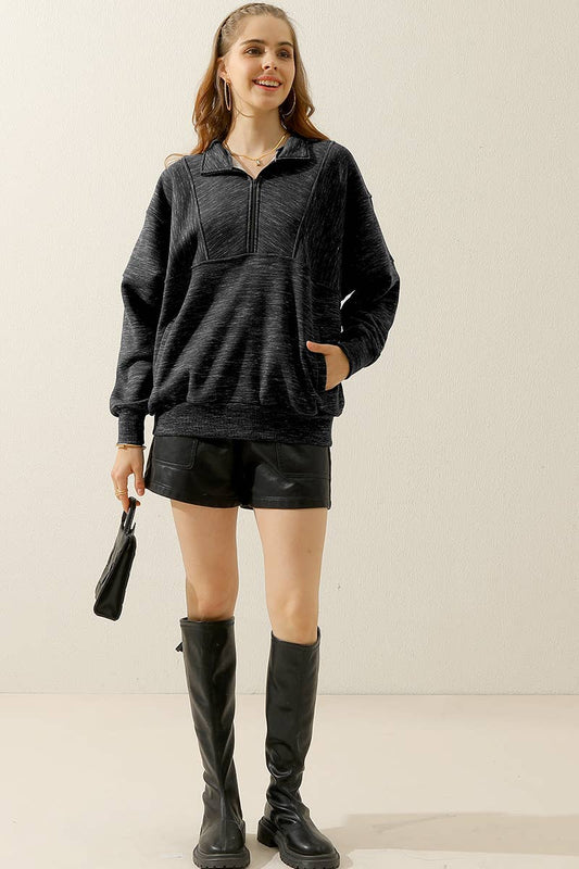 Cwttl1423_Zip Neck Casual Long Sleeve Top