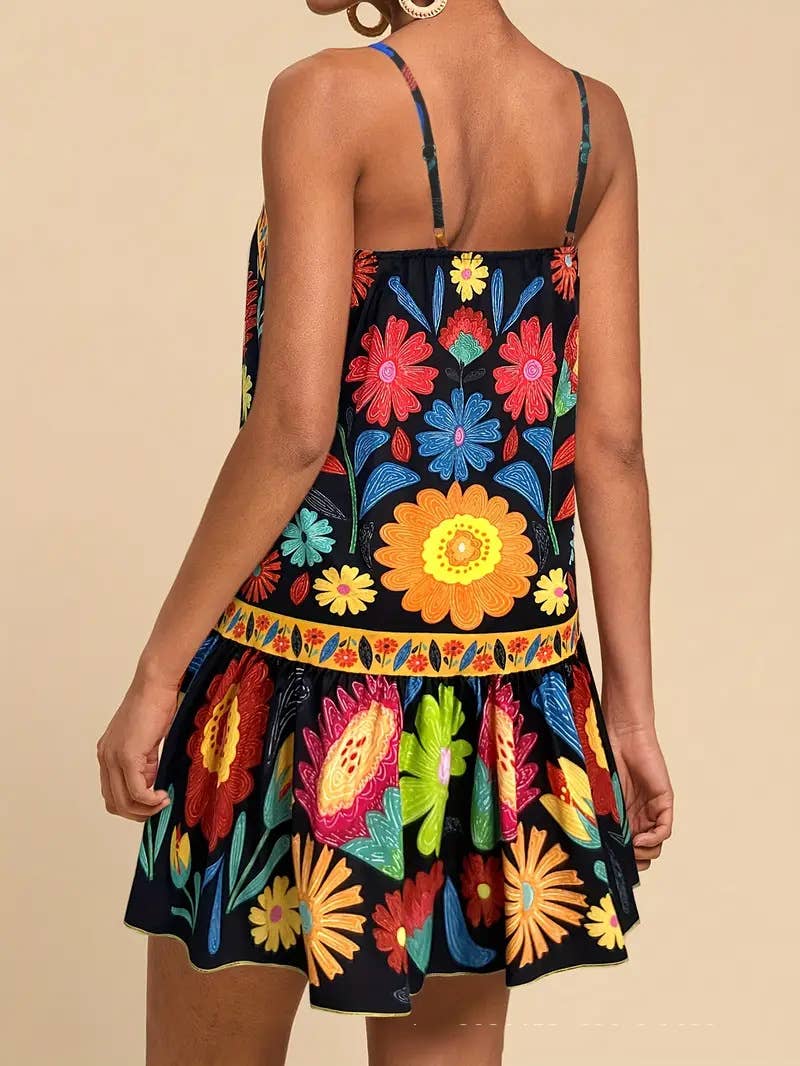 Fashion digital printed sunflower halter dress