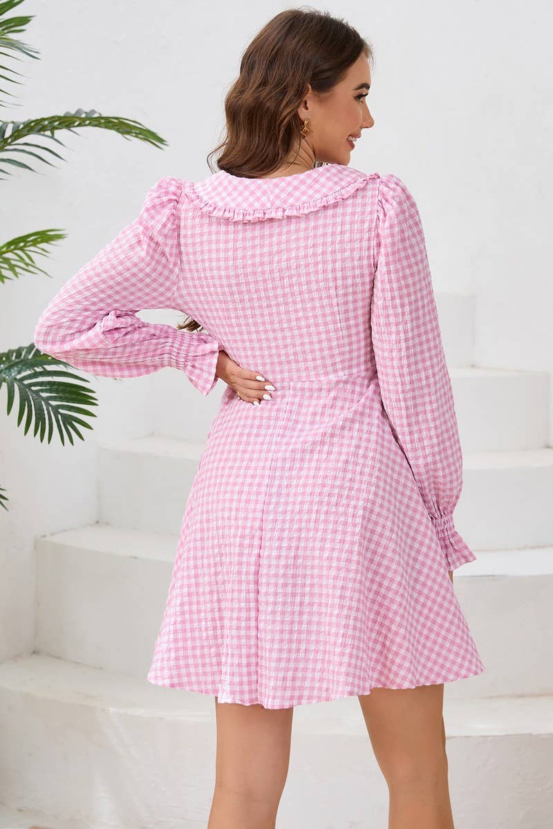 CWDSD6462_LARGE LAPEL WIDE HEM LONG SLEEVE PLAID DRESS