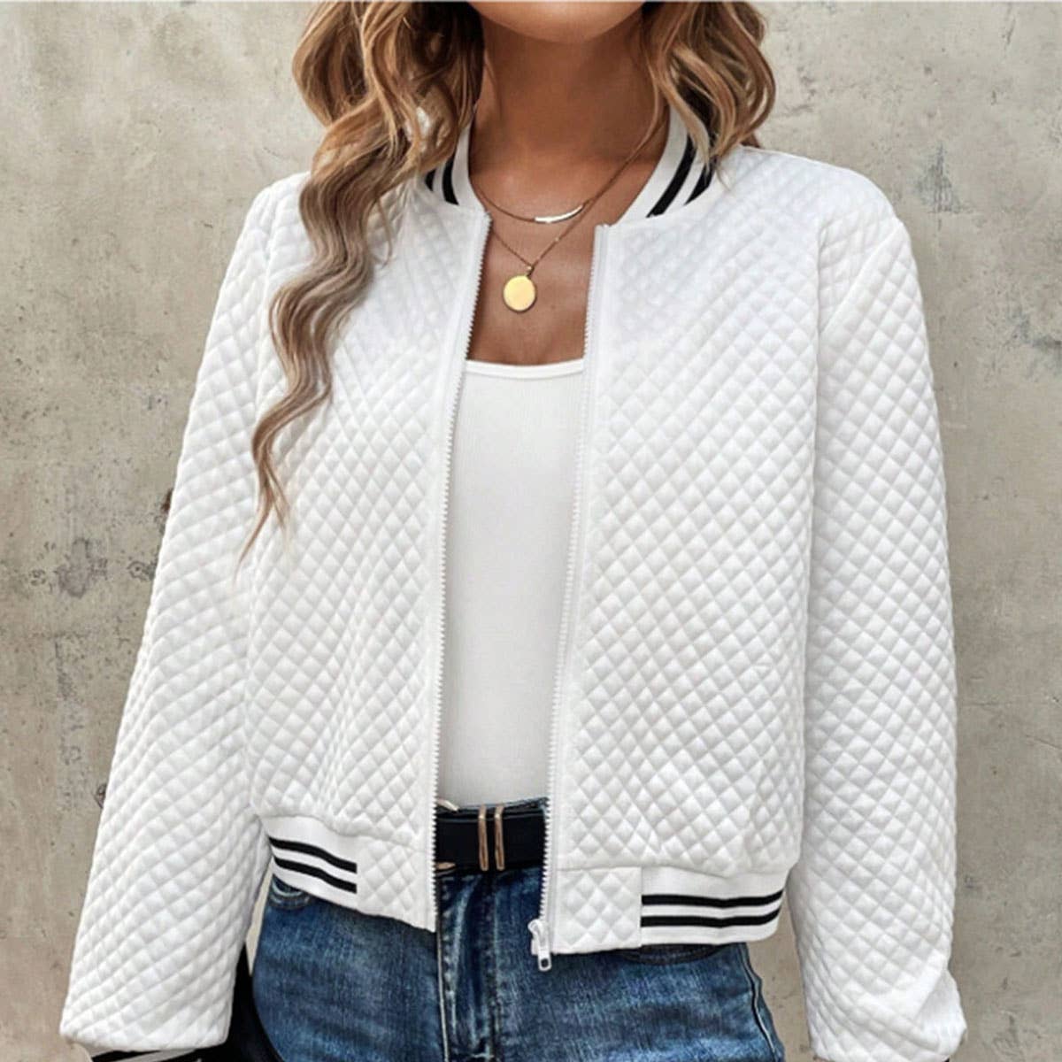 STAND-UP COLLAR PLAID ZIPPER BASEBALL JACKET