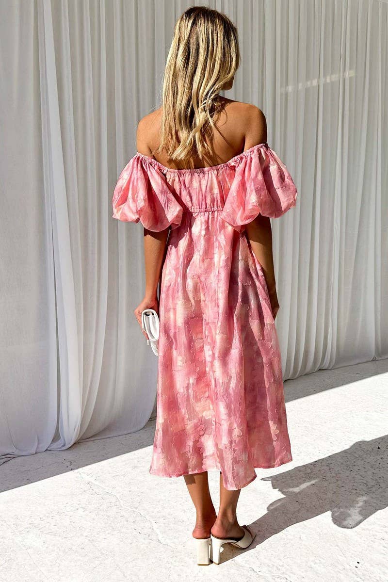 OFF THE SHOULDER SHORT SLEEVE FLORAL DRESS_CWDSD2975