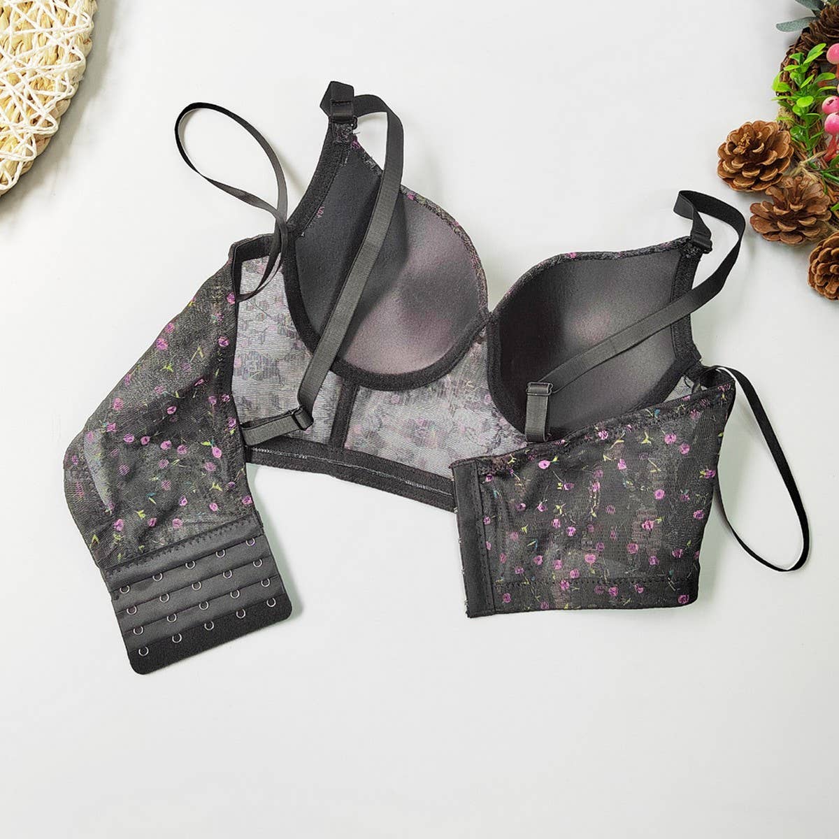 SEXY HERRINGBONE BRA WITH LACE FLORAL PATTERN